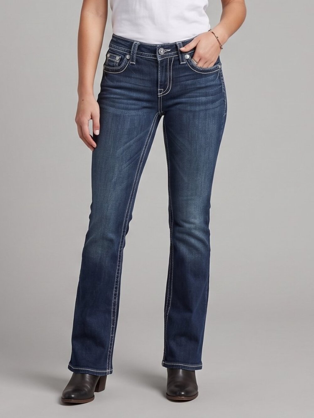 Miss Me Bootcut Jeans Dark Wash Embroidered Pockets Sz 28